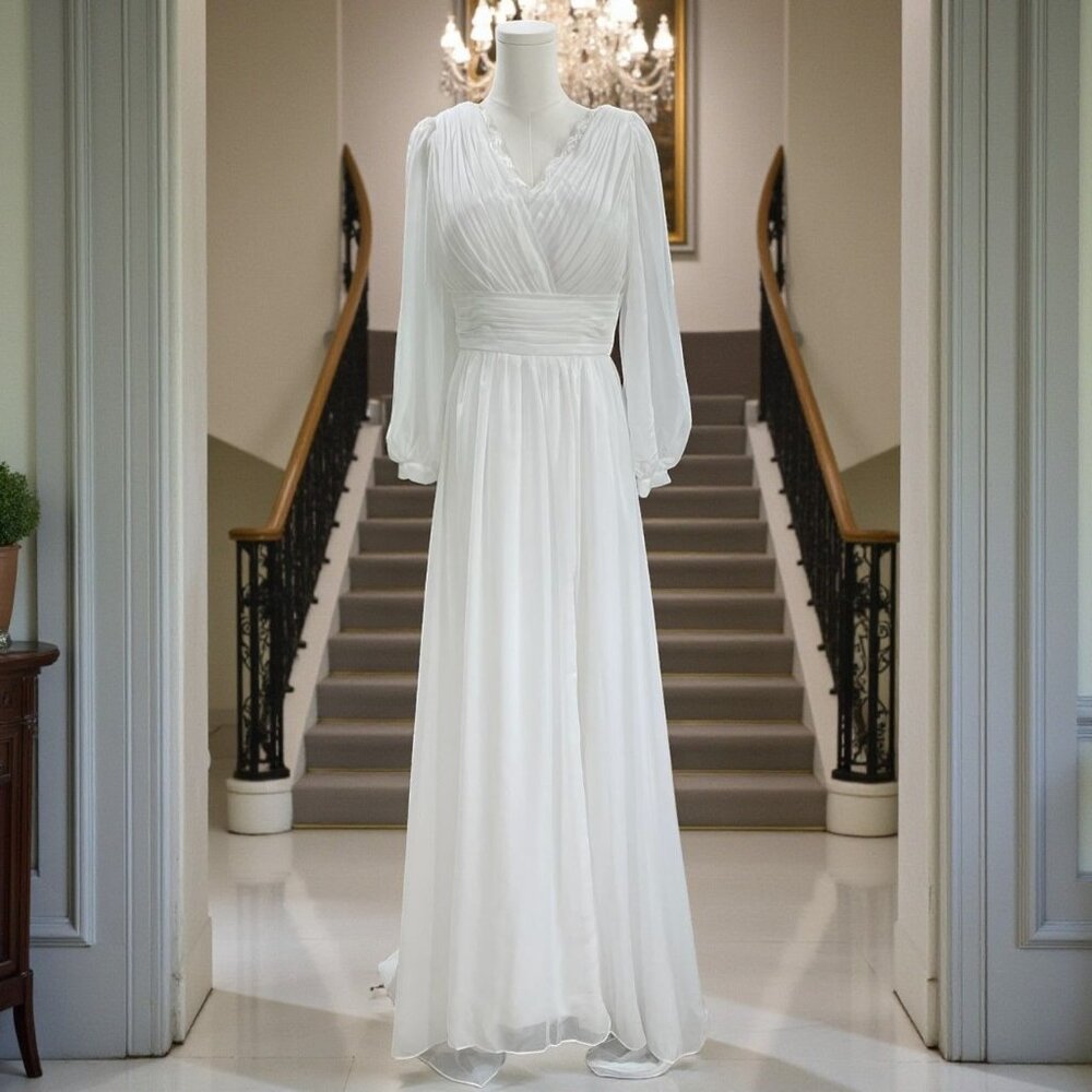 Royalcore Ethereal White Wedding Dress‎ Long Sleeve Lace Corset Back Gown